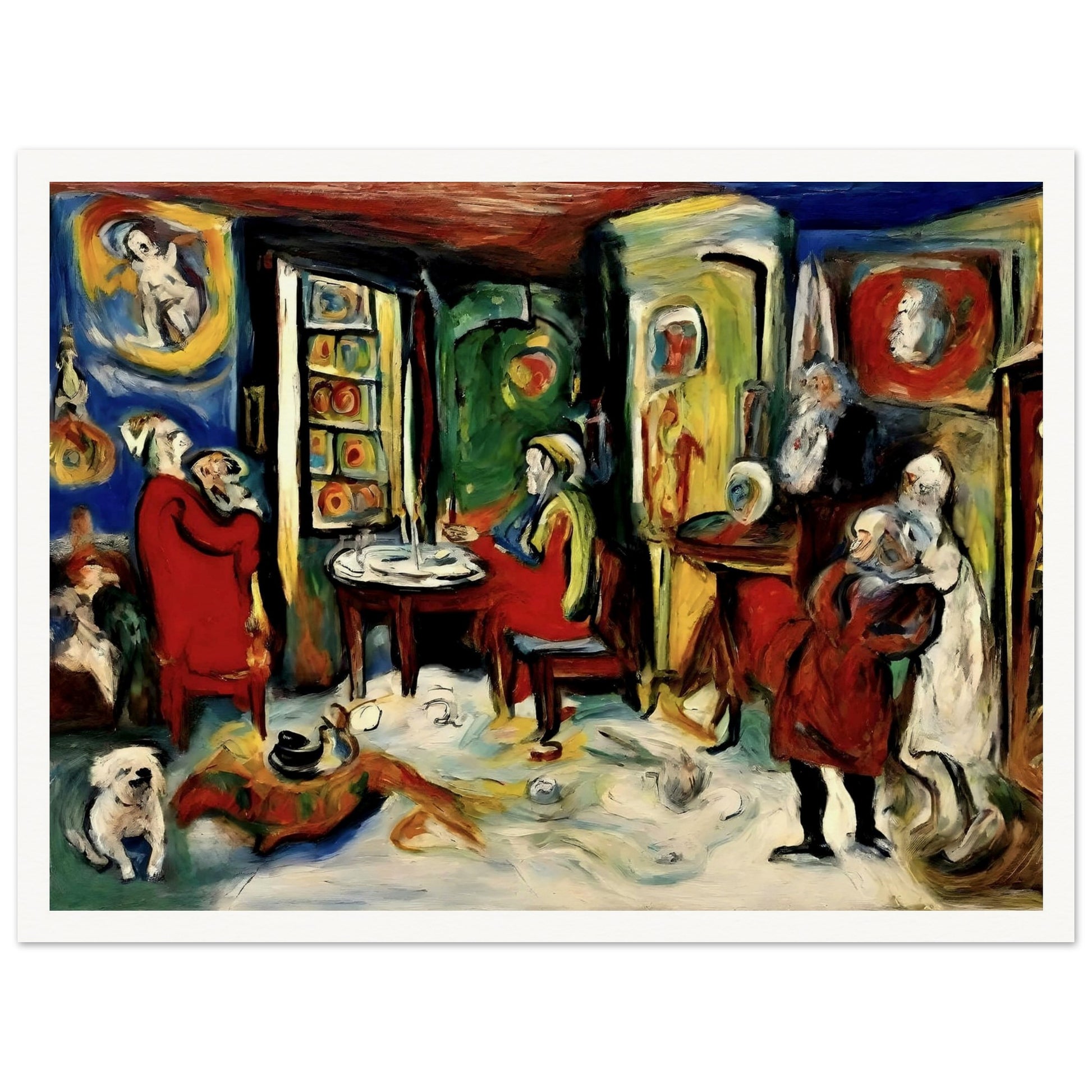 Vibrant and dynamic painting of a cozy interior filled with people, animals, and ornate decor, evoking a sense of nostalgia and intimacy.