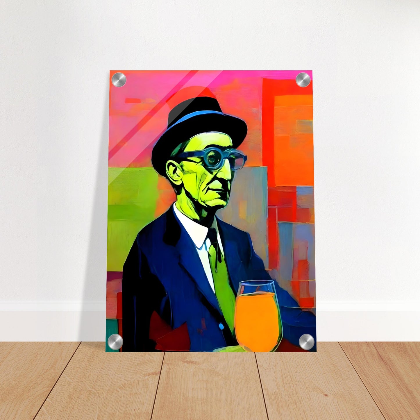 Bold and colorful painting of an older man in a hat and glasses, with green tones on his face, a suit, and a bright orange drink.