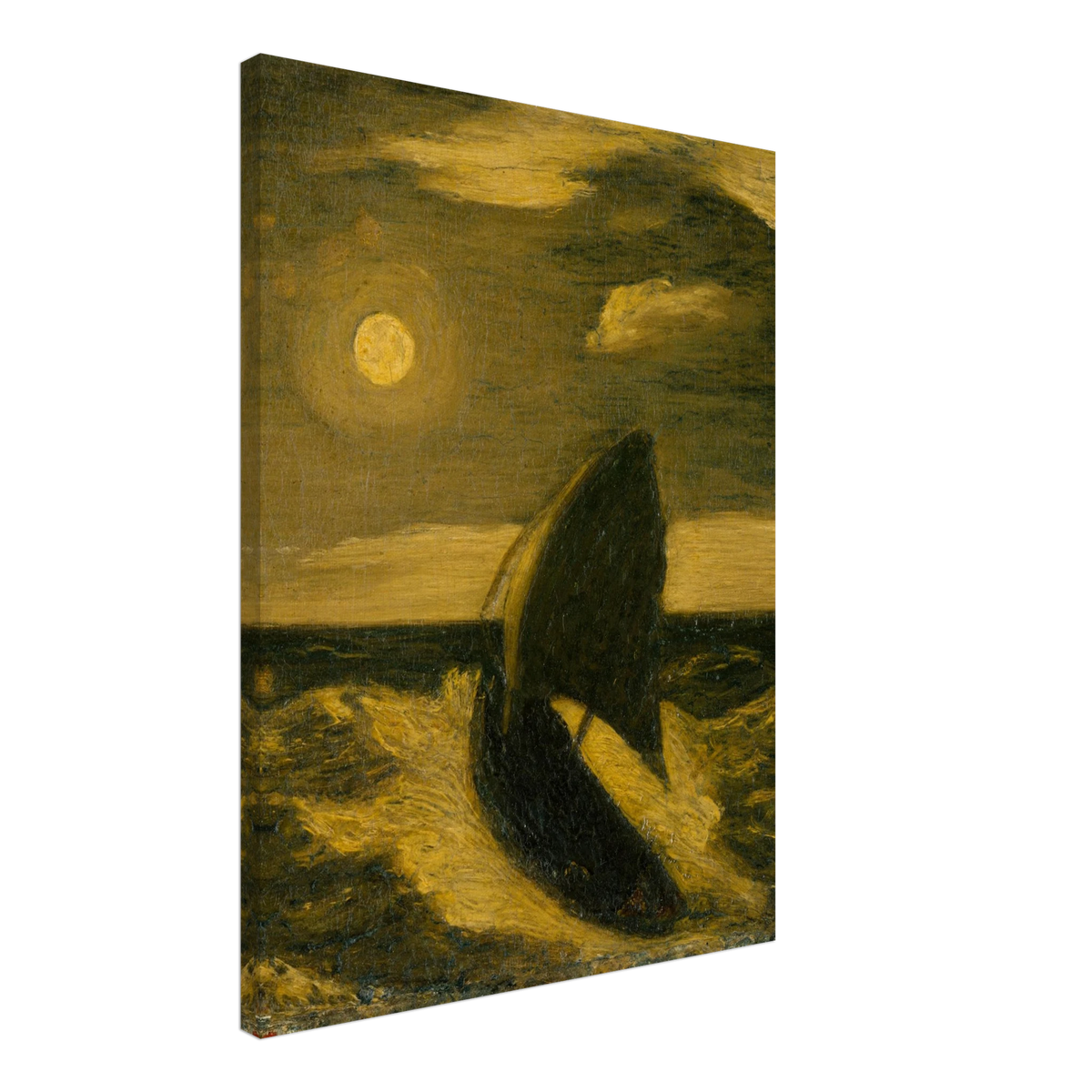 A dark sailboat rides a moonlit sea under golden clouds and a glowing full moon.