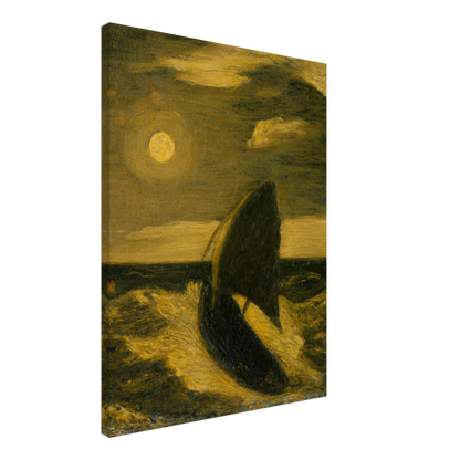 A dark sailboat rides a moonlit sea under golden clouds and a glowing full moon.