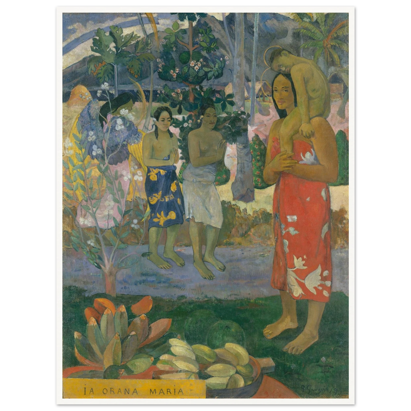 Tahitian Madonna and Child stand among figures, flowers, fruit, and tropical trees
