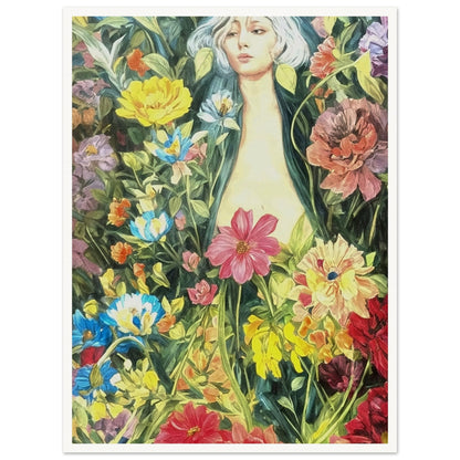 A serene figure surrounded by a lush garden of vibrant, blooming flowers, blending into the foliage with shades of pink, yellow, blue, and green.