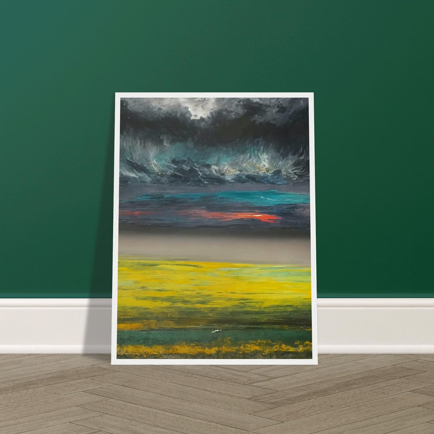 A dramatic landscape painting featuring a vibrant yellow field under a dark, stormy sky with a hint of sunset colors.