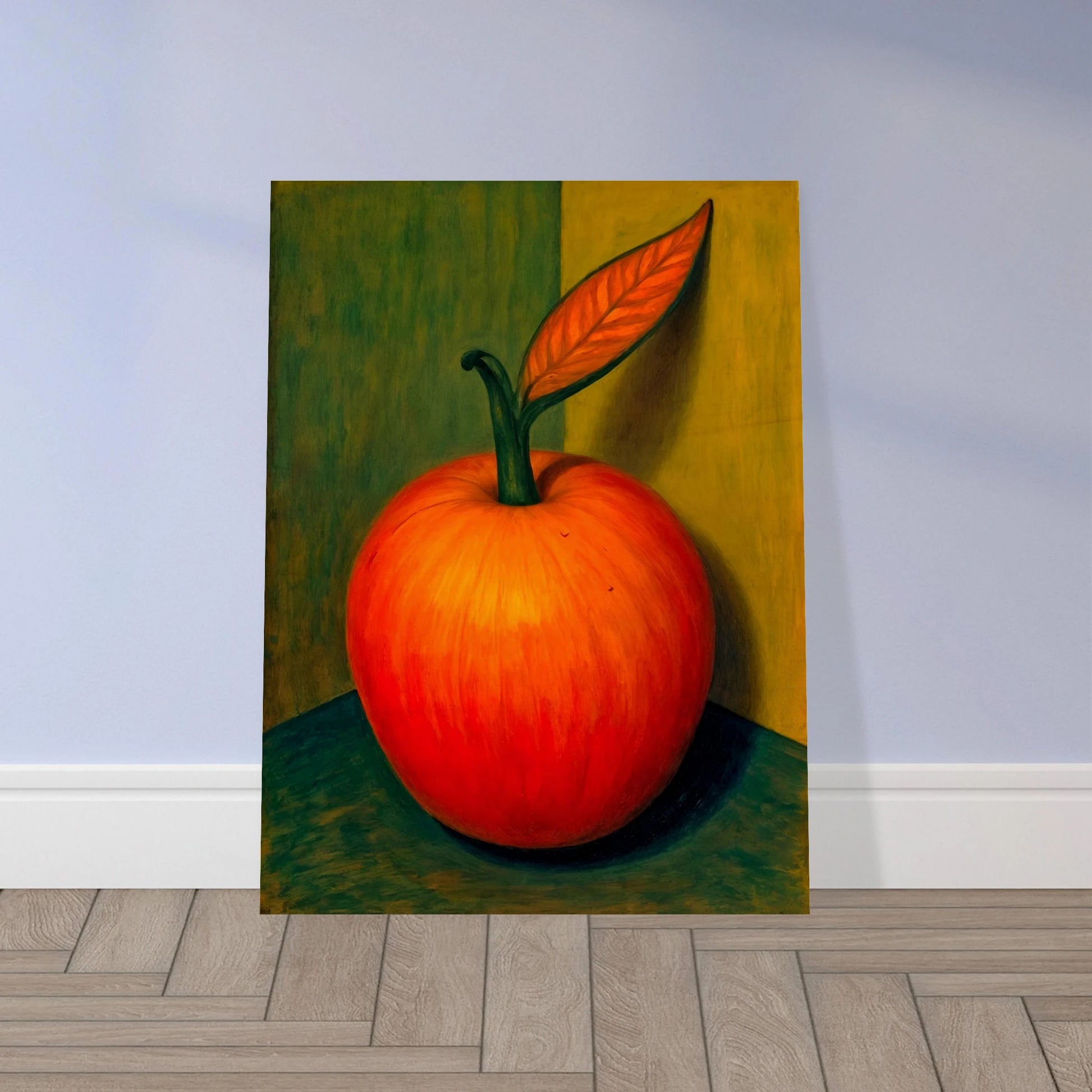 A bold still-life of a glowing red-orange fruit with a single leaf, casting soft shadows against a golden-green background.