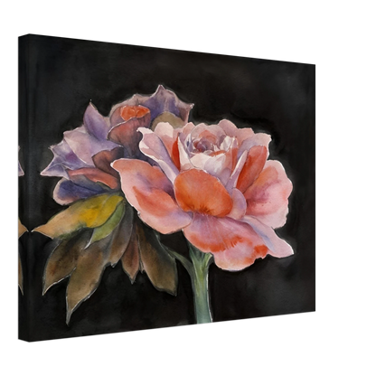 Two delicate watercolor roses with soft pink, purple, and peach tones bloom vividly against a dark background.