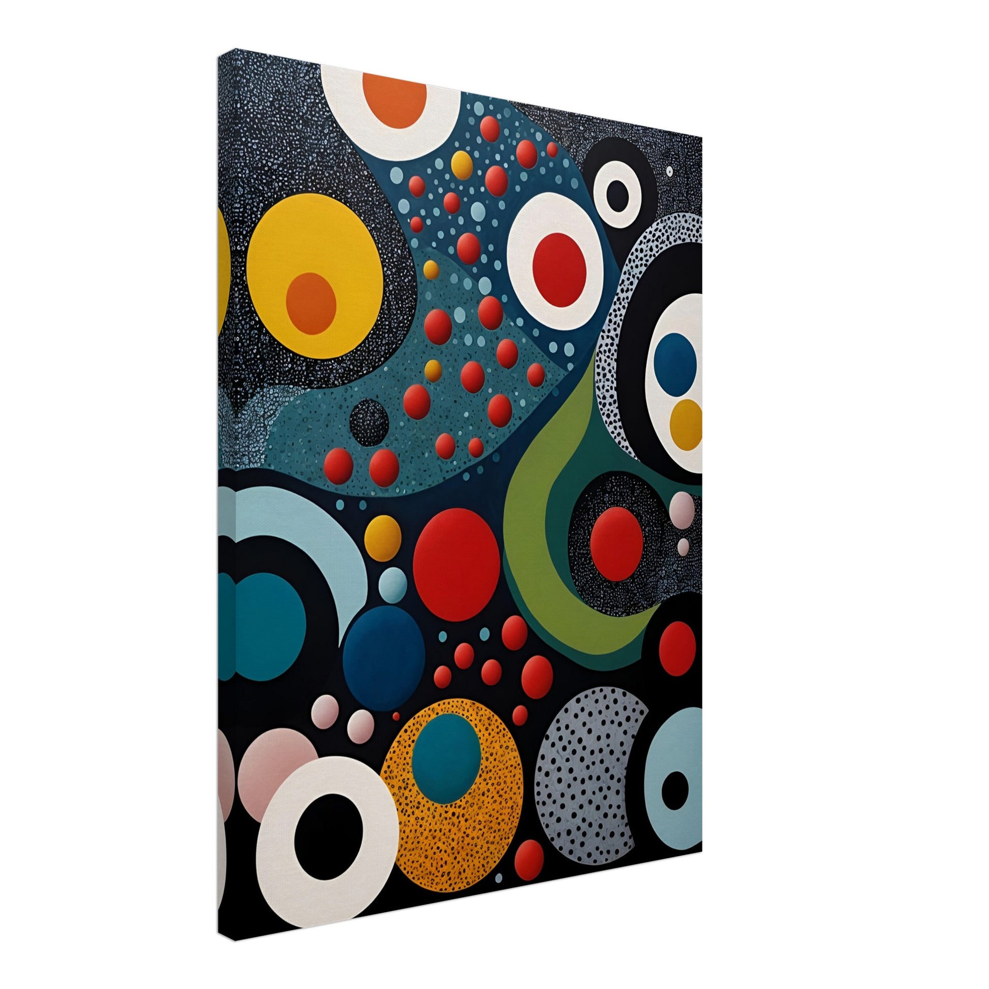 A vibrant geometric painting with bold circles, dots, and flowing shapes in red, blue, yellow, and black, resembling a cosmic abstract scene.