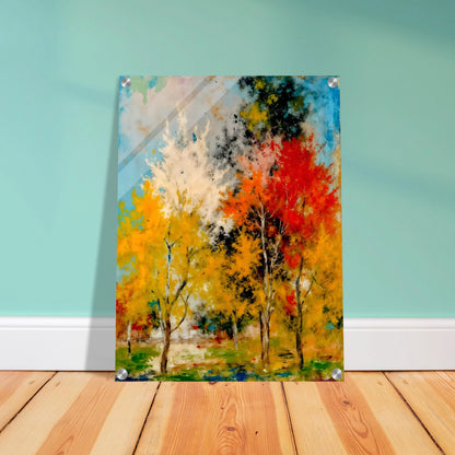A vivid woodland painting of golden and crimson autumn trees beneath bright blue skies, bursting with expressive seasonal color.