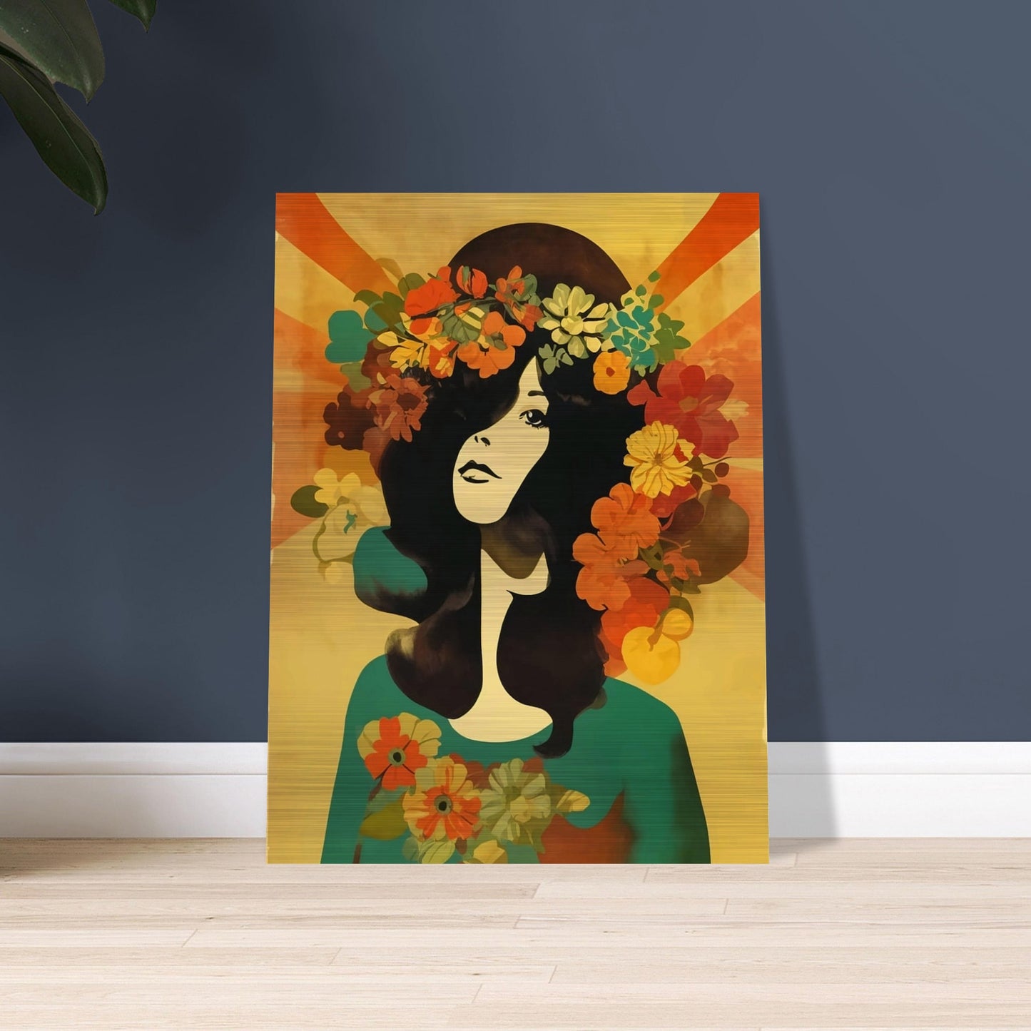 Stylized portrait of a woman with dark hair adorned with a crown of vibrant flowers against a warm, golden background.