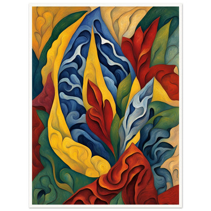 A dynamic, colorful painting featuring swirling organic shapes in red, blue, yellow, and green, evoking the movement of nature.