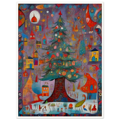 A colorful and whimsical artwork featuring a decorated Christmas tree surrounded by playful houses, birds, and festive ornaments on a vibrant purple background.