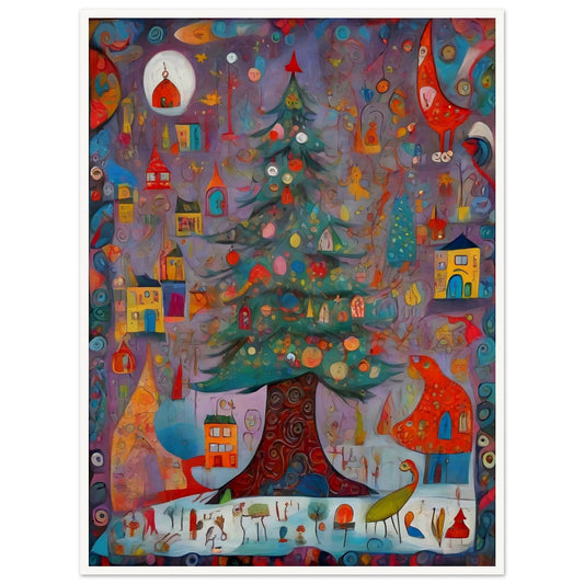 A colorful and whimsical artwork featuring a decorated Christmas tree surrounded by playful houses, birds, and festive ornaments on a vibrant purple background.