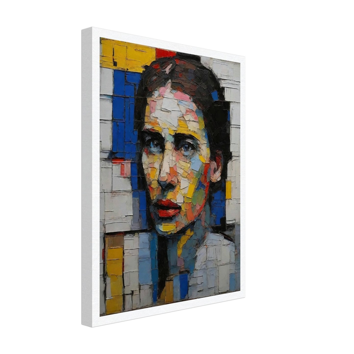 A striking mosaic-style portrait of a woman with vibrant, multi-colored geometric shapes creating a fragmented yet cohesive image.