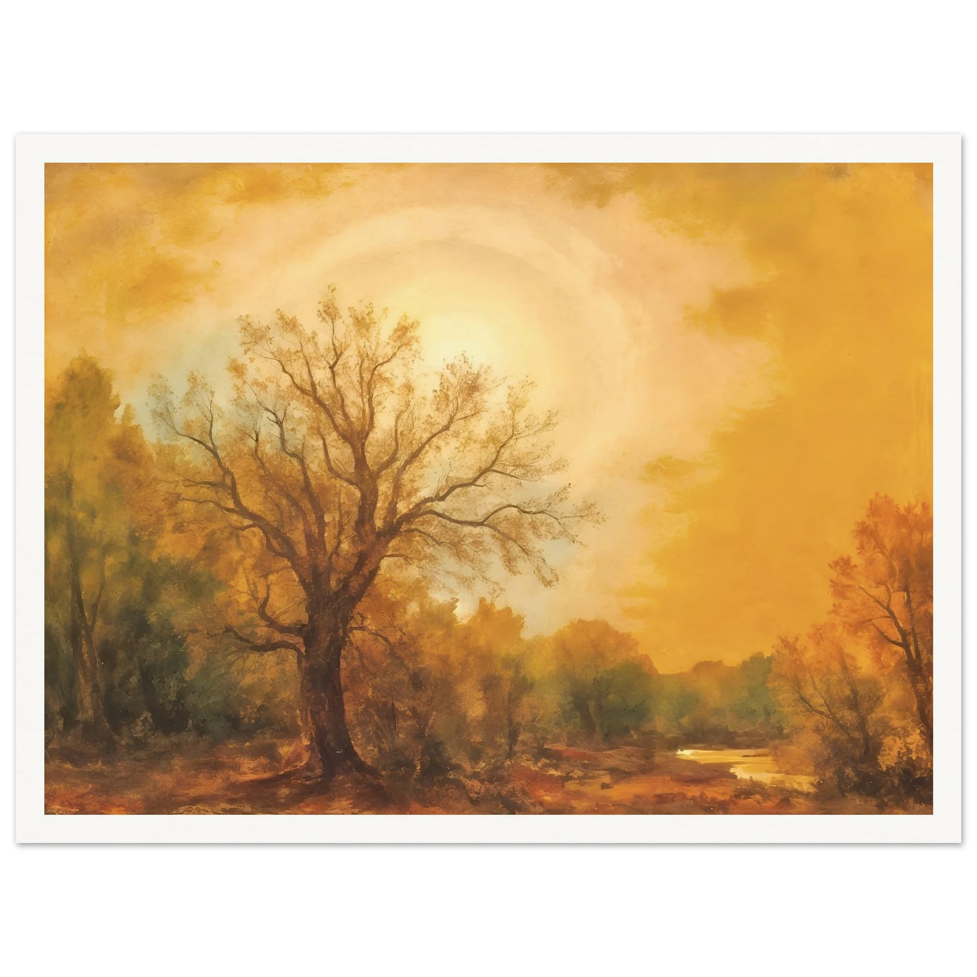 Golden sunset glows over a quiet woodland river with tall trees and warm autumn light.
