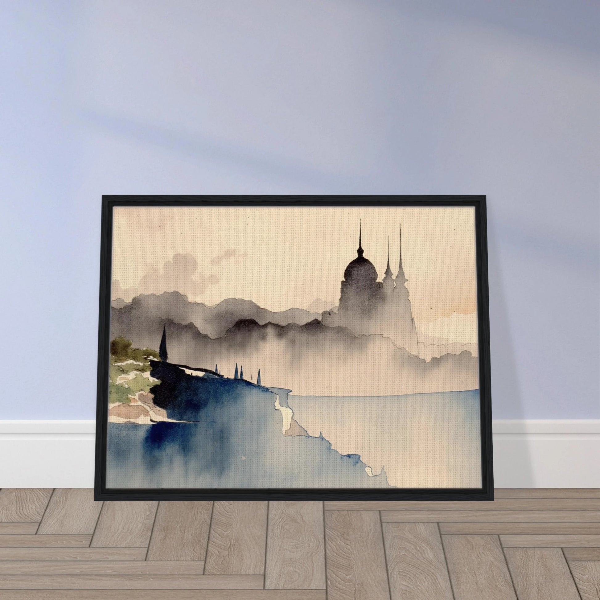 Dreamlike palace silhouette rising from misty hills and cliffs, with watercolor tones evoking mystery and distant lands.