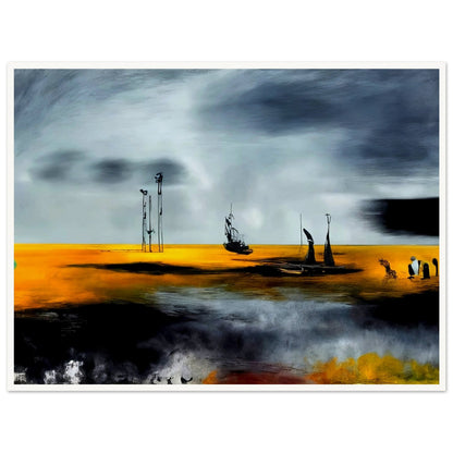 Surreal painting of a golden seascape with dark, dramatic clouds, featuring boats and abstract structures against a vivid sky.