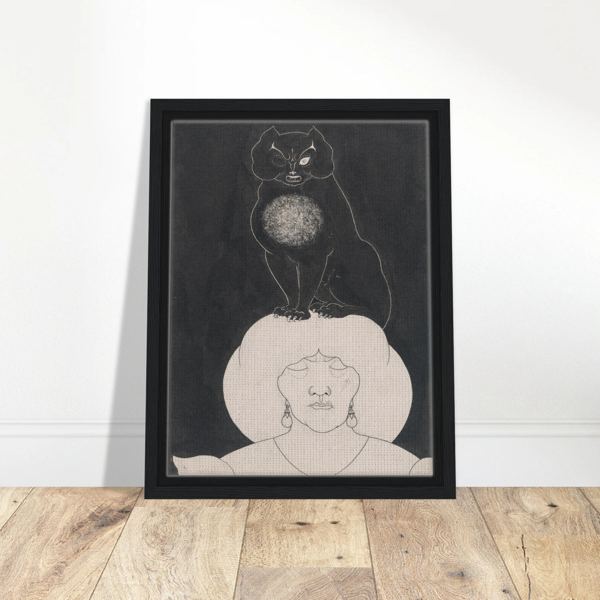 A black cat sits atop a white-hatted woman’s head against a dark background in a macabre illustration.