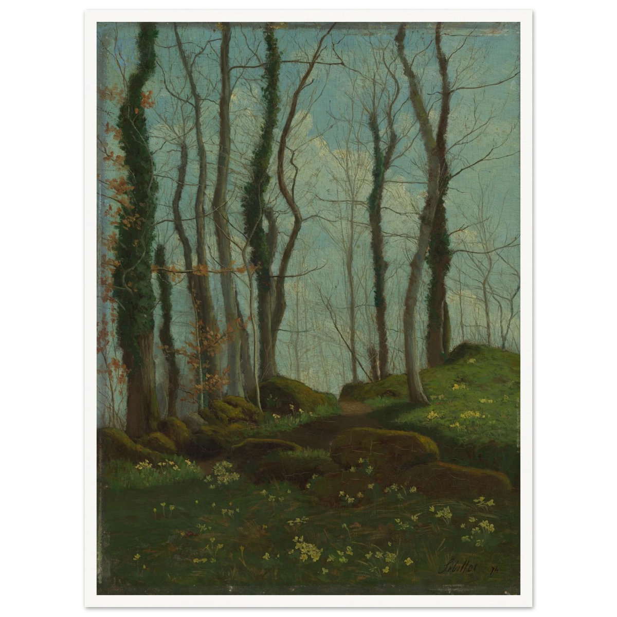 A quiet woodland lane winds through tall trees, mossy rocks, and small flowers under a blue-green sky.
