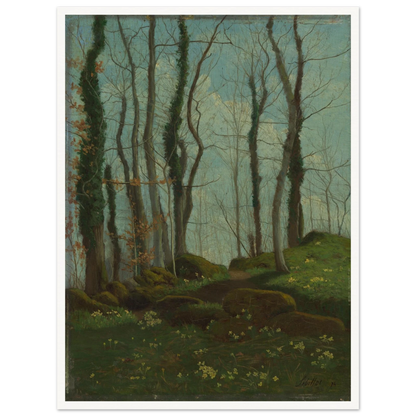 A quiet woodland lane winds through tall trees, mossy rocks, and small flowers under a blue-green sky.