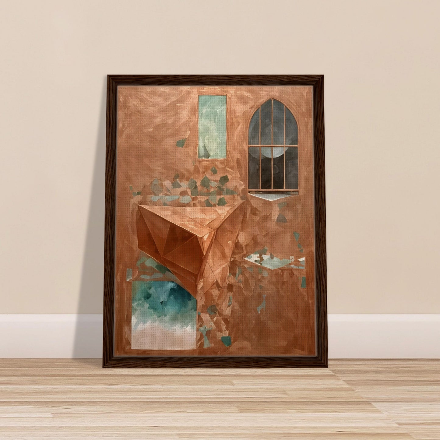 A surreal architectural scene with geometric shapes, fractured walls, and mysterious windows, blending warm earthy tones with cool reflections of sky and water.