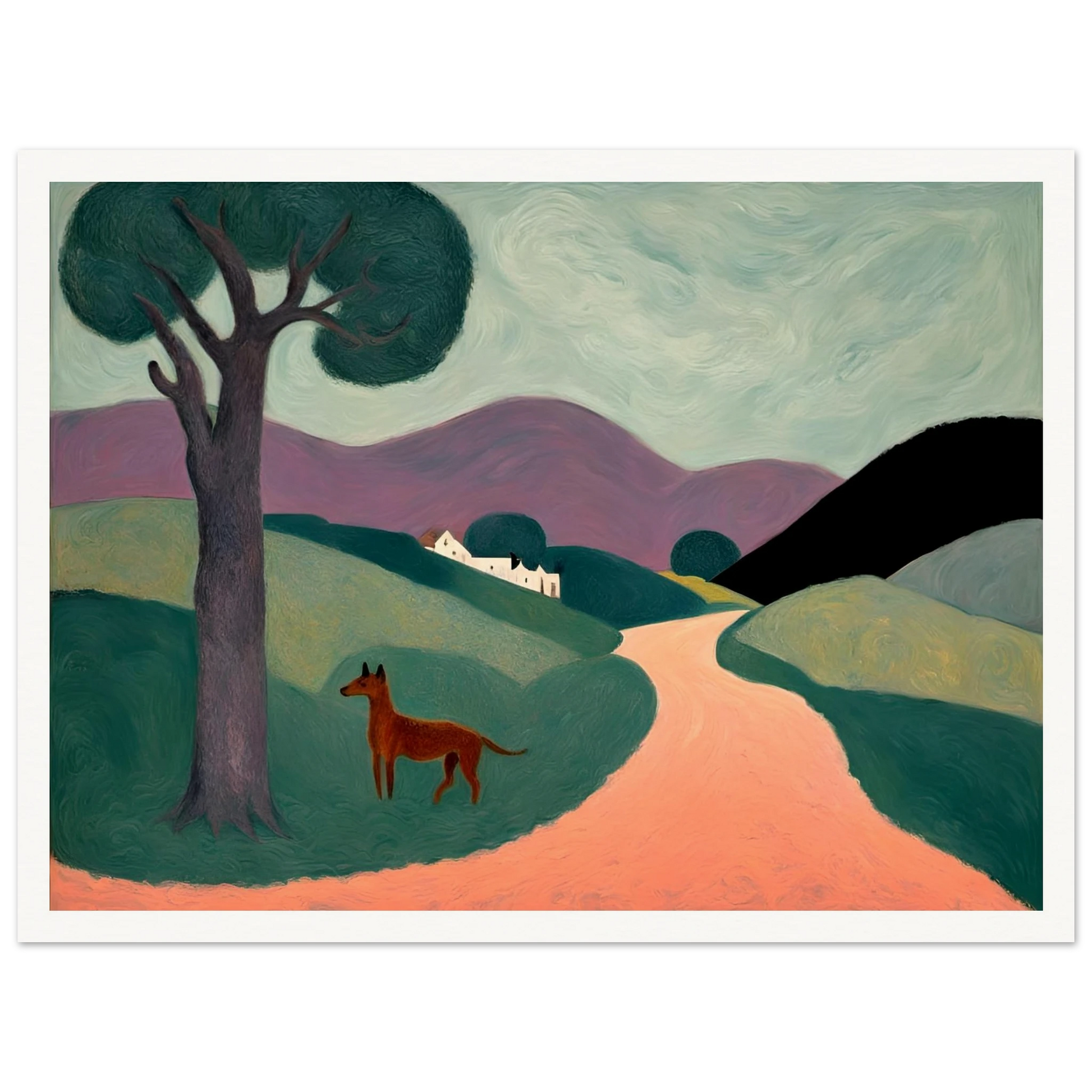Stylized countryside landscape with rolling green hills, a purple mountain range, a lone tree, and a brown dog standing on a peach path.
