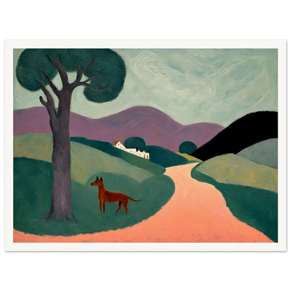 Stylized countryside landscape with rolling green hills, a purple mountain range, a lone tree, and a brown dog standing on a peach path.