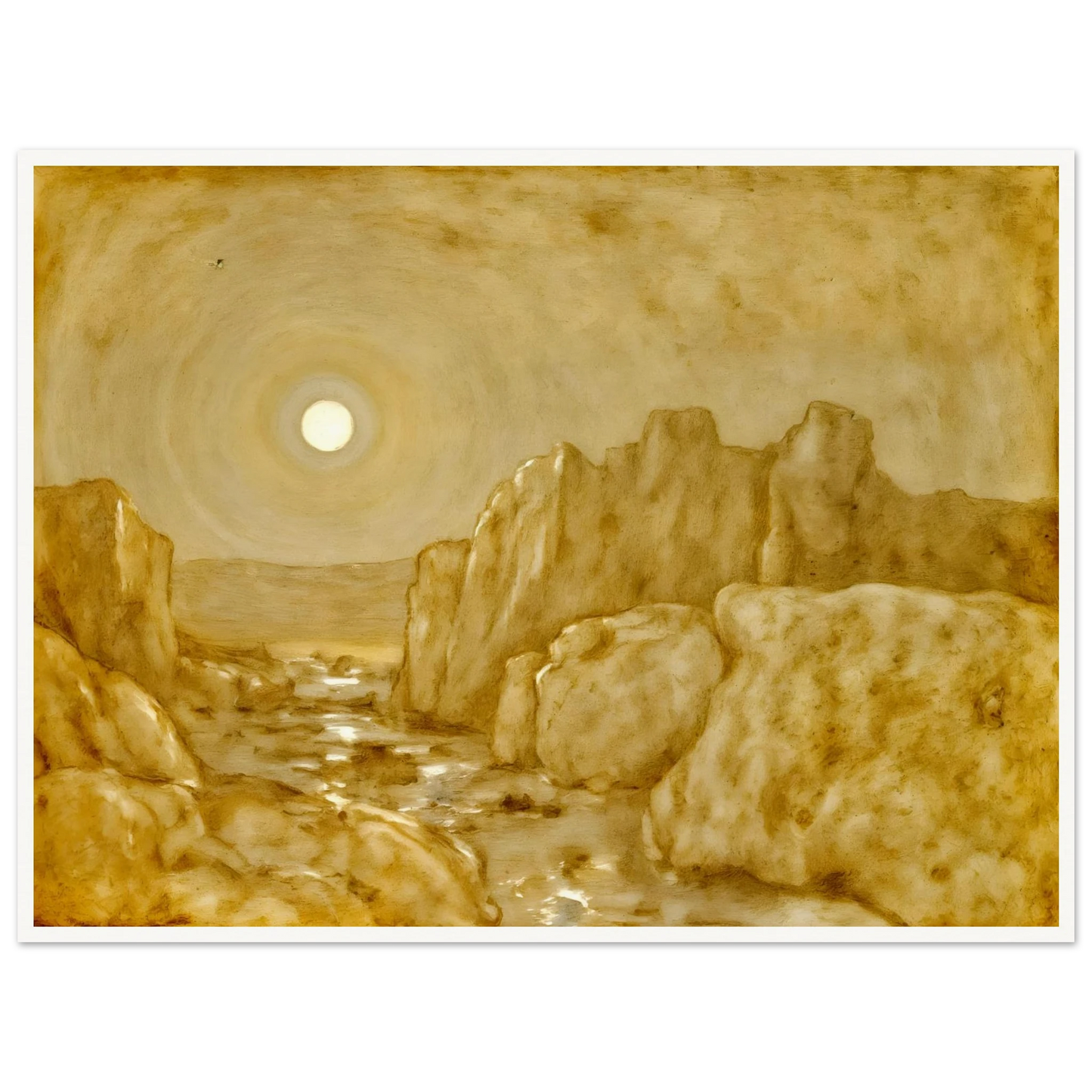 Golden canyon landscape beneath a radiant sun, with weathered stone cliffs and reflective waters glowing in warm sepia tones.