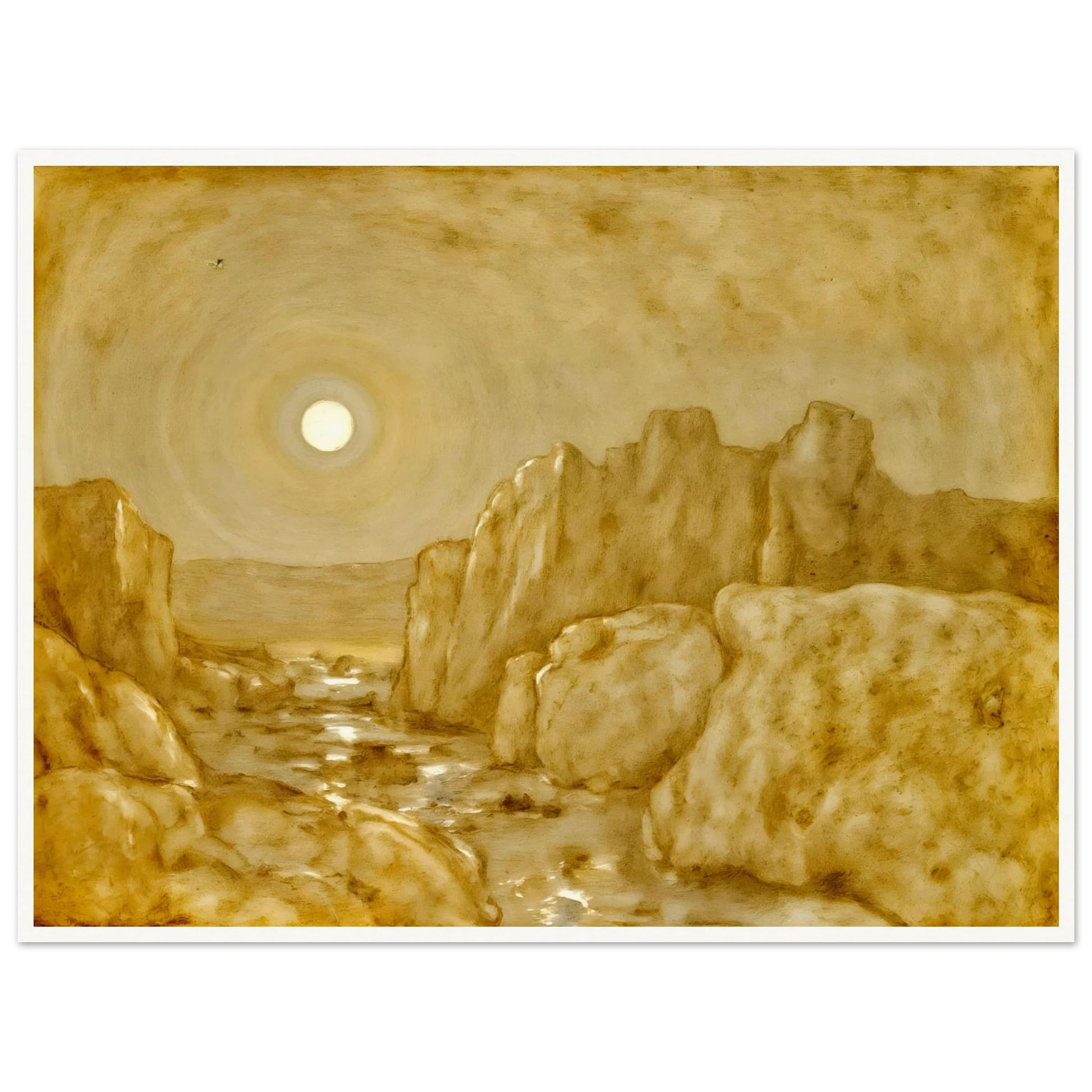Golden canyon landscape beneath a radiant sun, with weathered stone cliffs and reflective waters glowing in warm sepia tones.