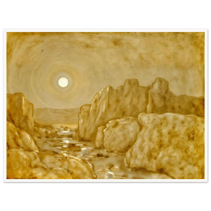 Golden canyon landscape beneath a radiant sun, with weathered stone cliffs and reflective waters glowing in warm sepia tones.