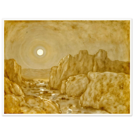 Golden canyon landscape beneath a radiant sun, with weathered stone cliffs and reflective waters glowing in warm sepia tones.