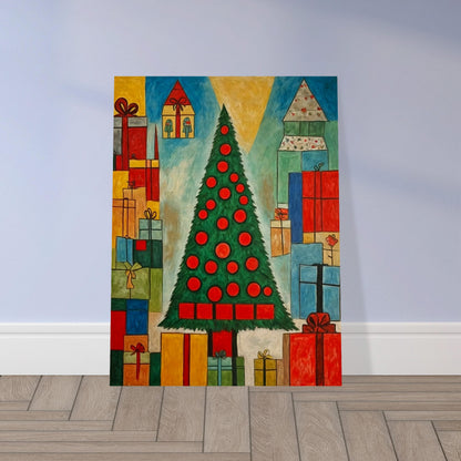 A vibrant Christmas scene featuring a tall tree decorated with red ornaments, surrounded by colorful presents wrapped in various sizes, symbolizing festive cheer.