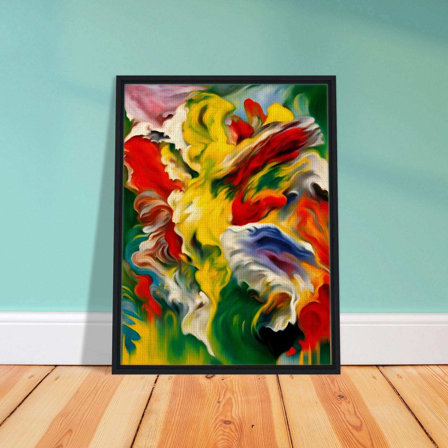 A mesmerizing painting with swirling strokes of red, yellow, green, and blue, evoking the energy of nature’s raw and vibrant essence.