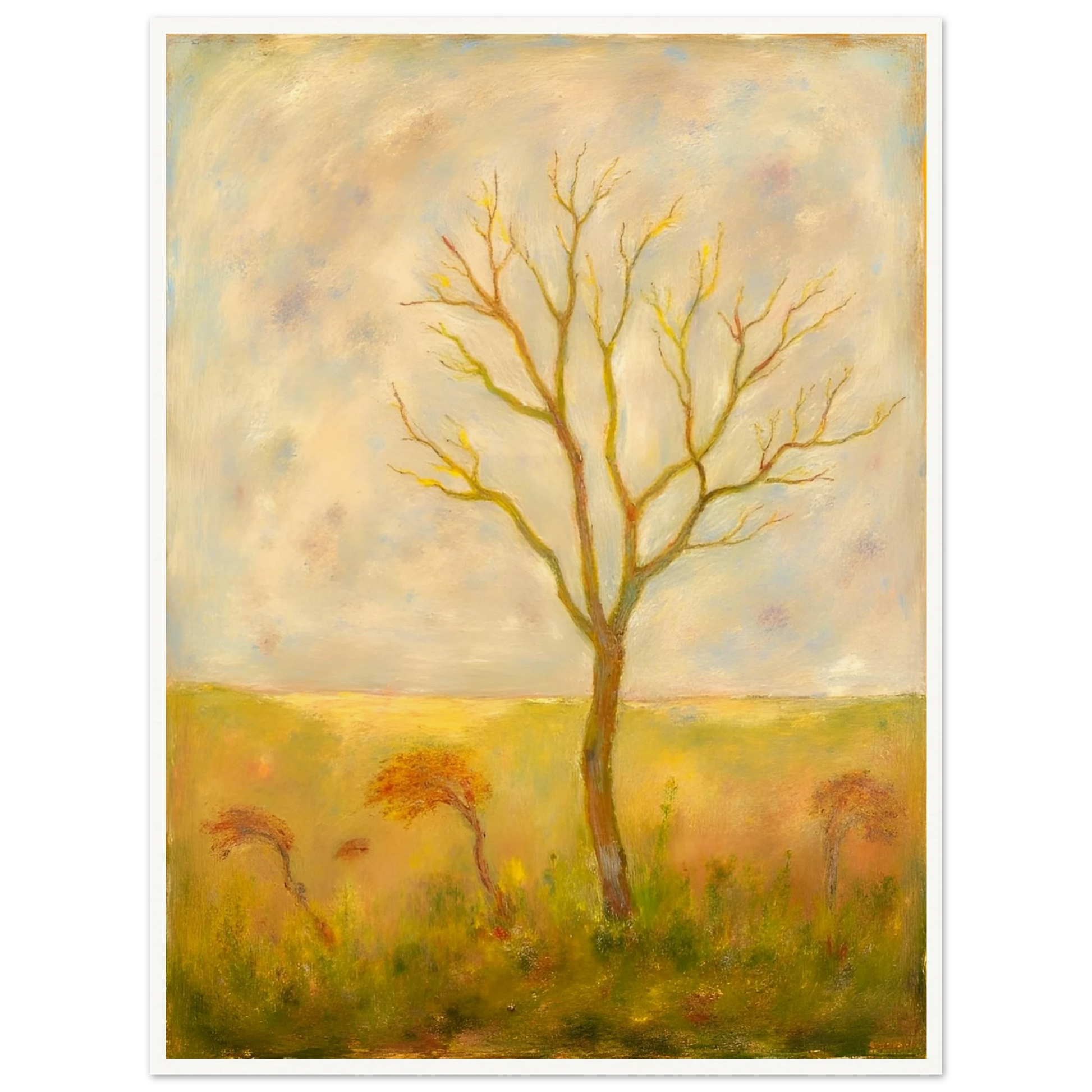 A lone tree stands tall in a golden meadow under a pale sky, its bare branches reaching gracefully toward the light.