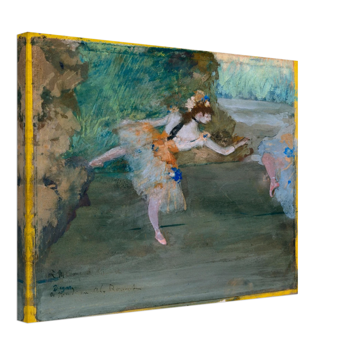 A ballet dancer in a pale tutu performs onstage, with another dancer partly visible at the side.