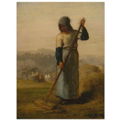 A peasant woman holds a wooden rake beside a haystack as farm workers gather hay in a distant field.