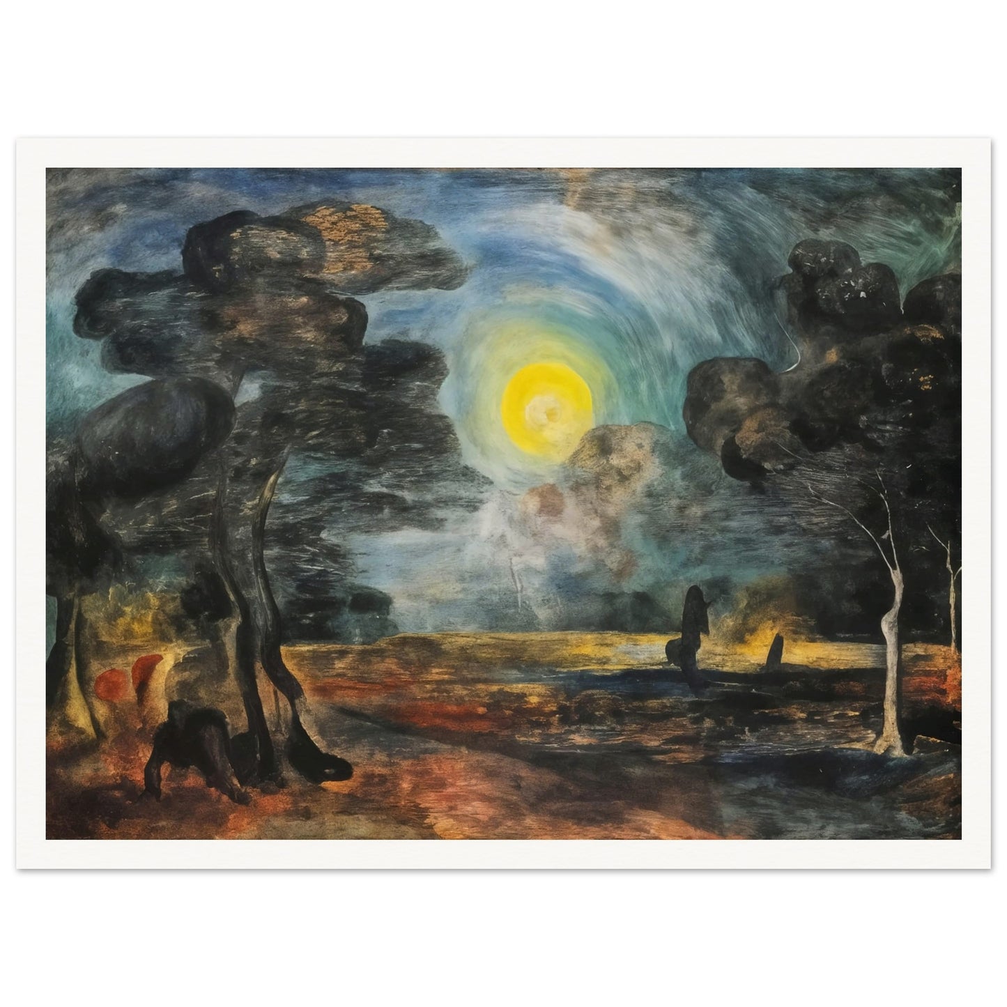 A surreal landscape bathed in the light of a glowing full moon, with dark trees and mysterious figures creating an eerie atmosphere.