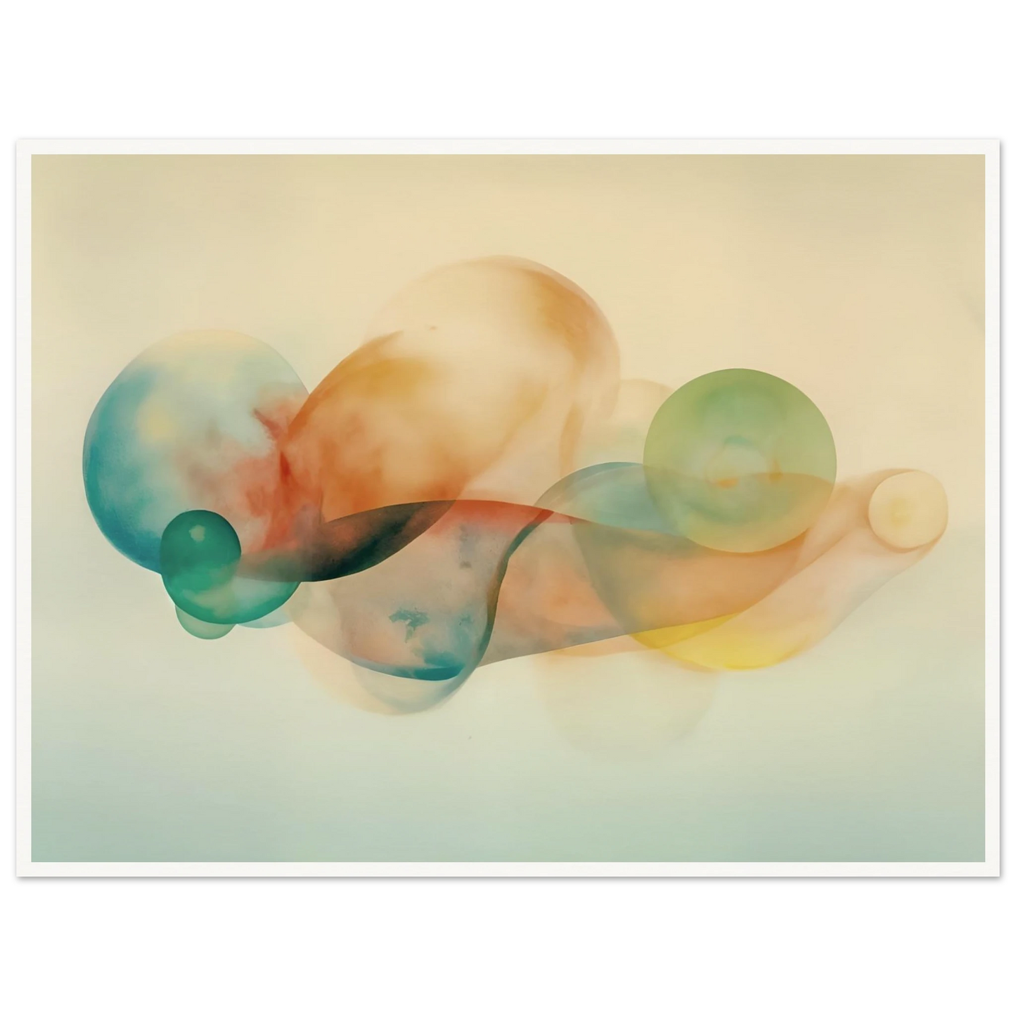Translucent pastel spheres and flowing organic shapes overlap in airy layers of teal, peach, gold, and mist on a serene light backdrop.