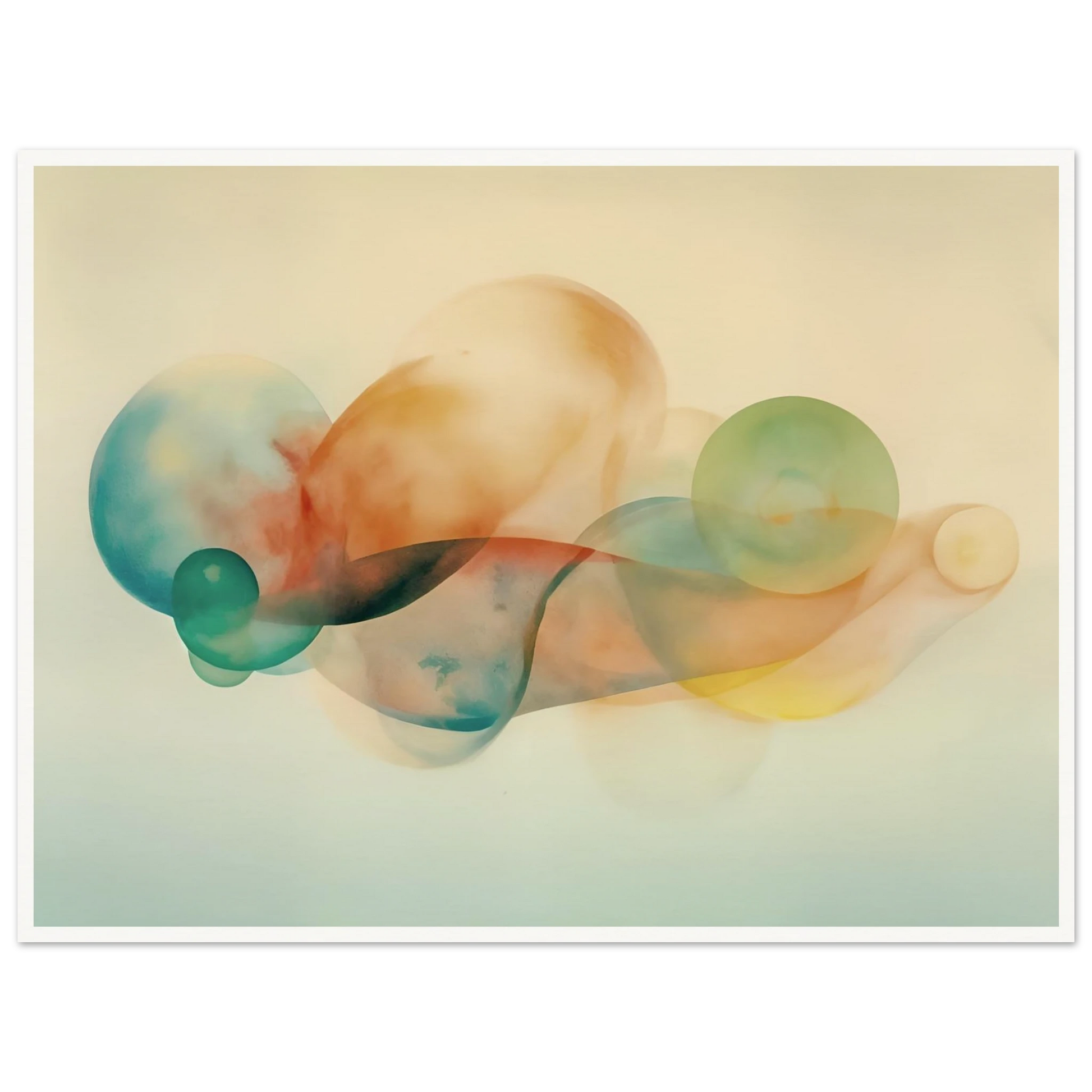 Translucent pastel spheres and flowing organic shapes overlap in airy layers of teal, peach, gold, and mist on a serene light backdrop.