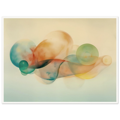 Translucent pastel spheres and flowing organic shapes overlap in airy layers of teal, peach, gold, and mist on a serene light backdrop.