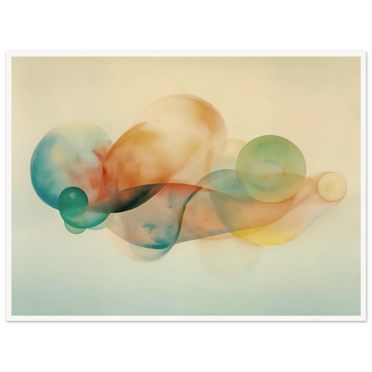 Translucent pastel spheres and flowing organic shapes overlap in airy layers of teal, peach, gold, and mist on a serene light backdrop.
