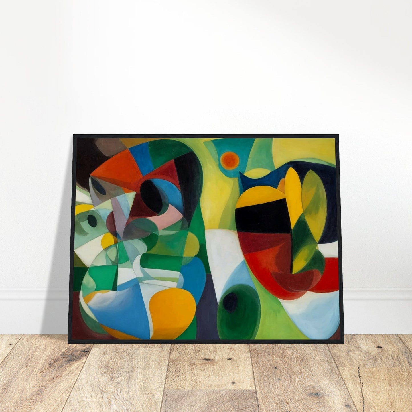 An abstract painting with vibrant, swirling shapes and colors creating a dynamic and whimsical composition.