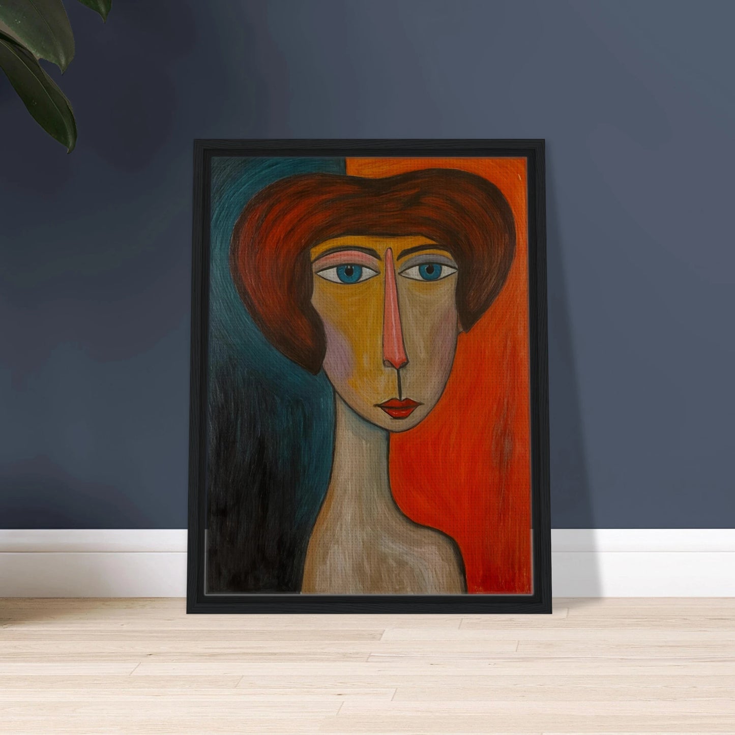Bold-faced portrait with exaggerated features, split by warm and cool tones, exuding quiet strength and duality.