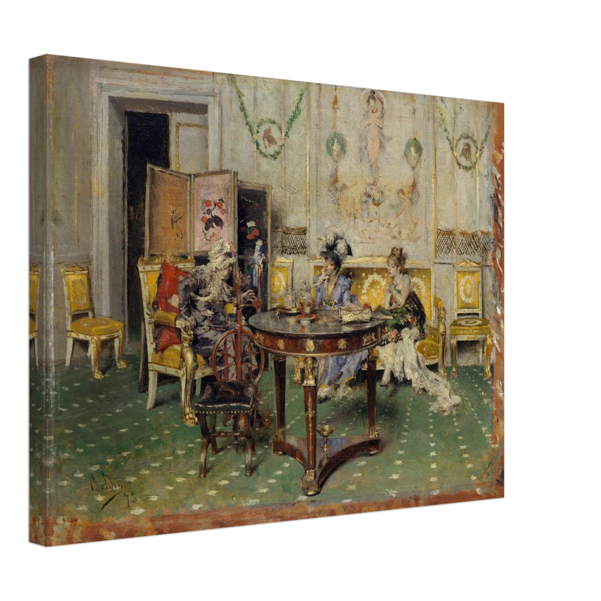Three elegantly dressed figures gather around a round tea table in an ornate salon with gilded chairs and painted walls.