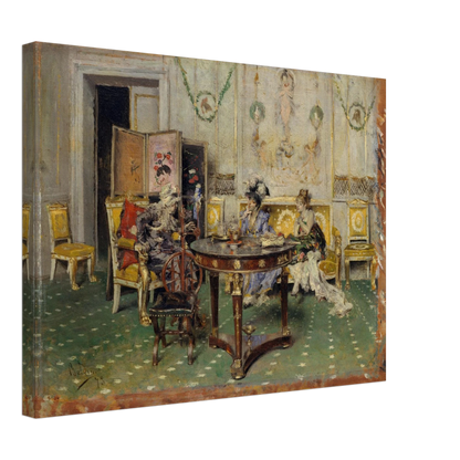 Three elegantly dressed figures gather around a round tea table in an ornate salon with gilded chairs and painted walls.