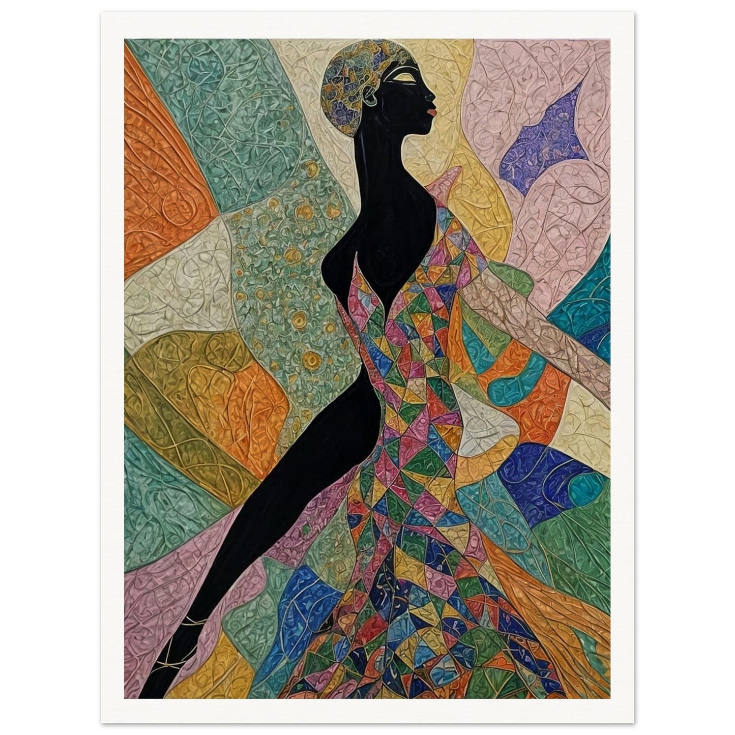 "A dynamic painting featuring a woman in a bold, geometric dress full of colors, poised in elegant motion, set against a vibrant abstract background."