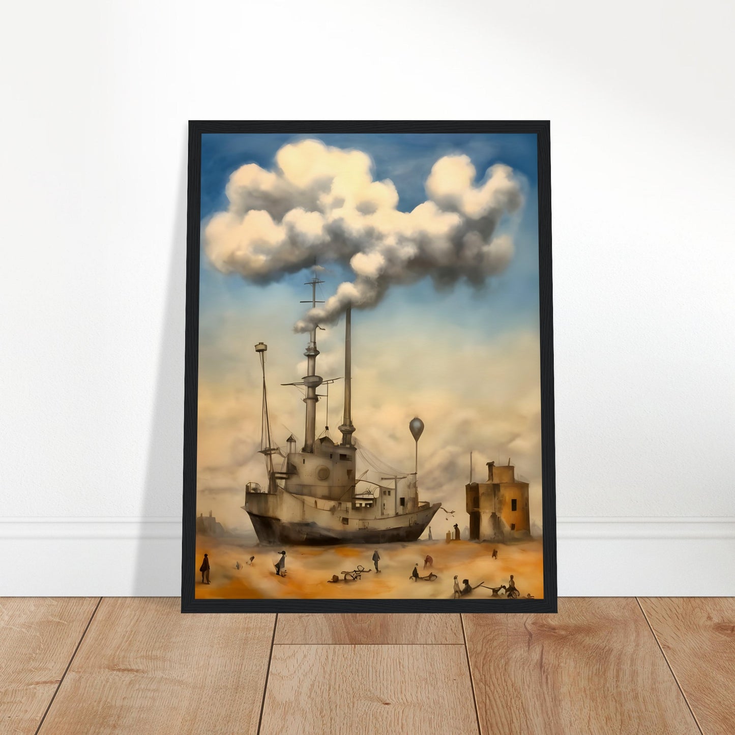 A surreal painting of a ship stranded in a desert, with smokestacks blending into massive, fluffy clouds, as small figures wander the sandy landscape beneath a dreamy sky.