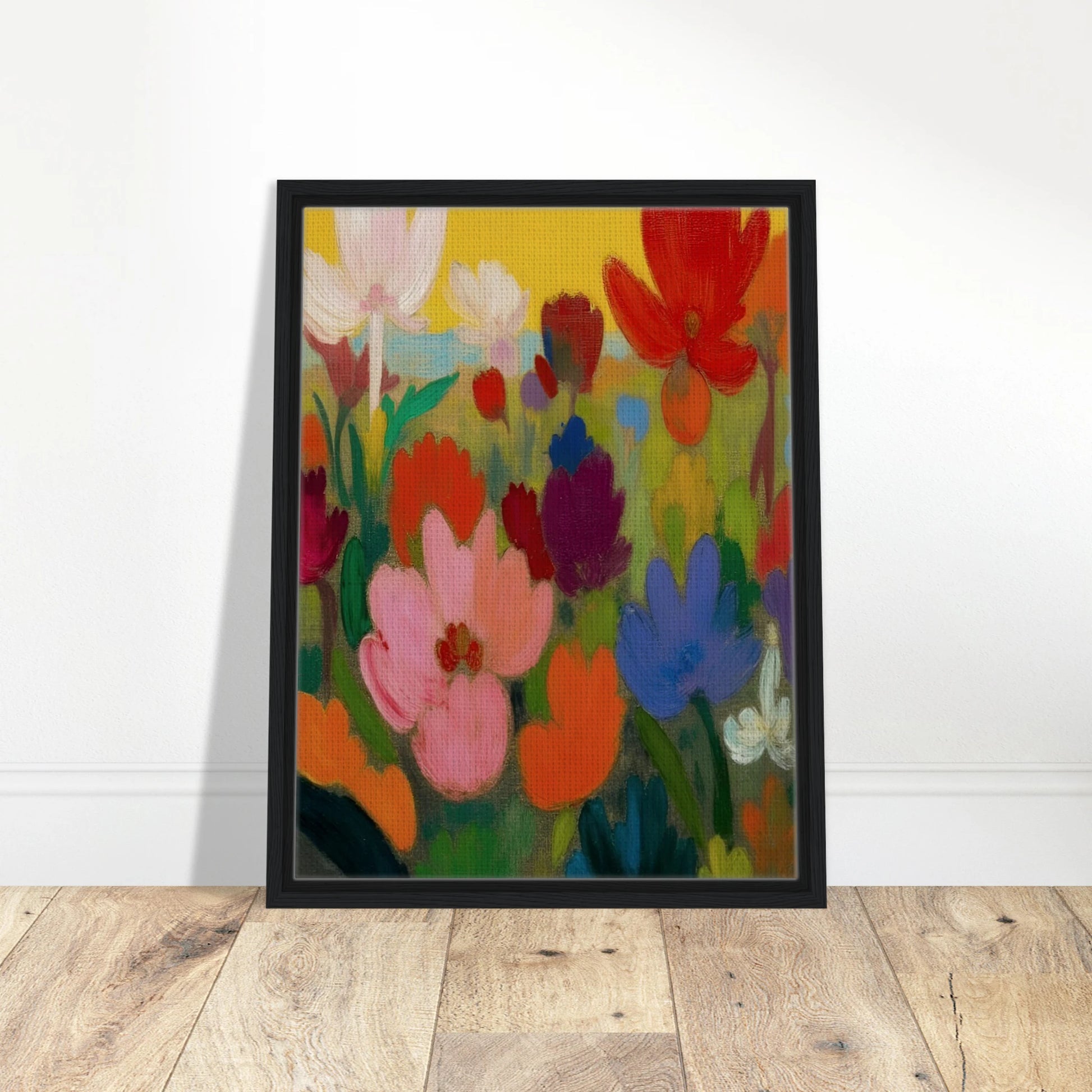 Bright flowers in red, pink, blue, and white rise from green stems against a golden yellow sky.
