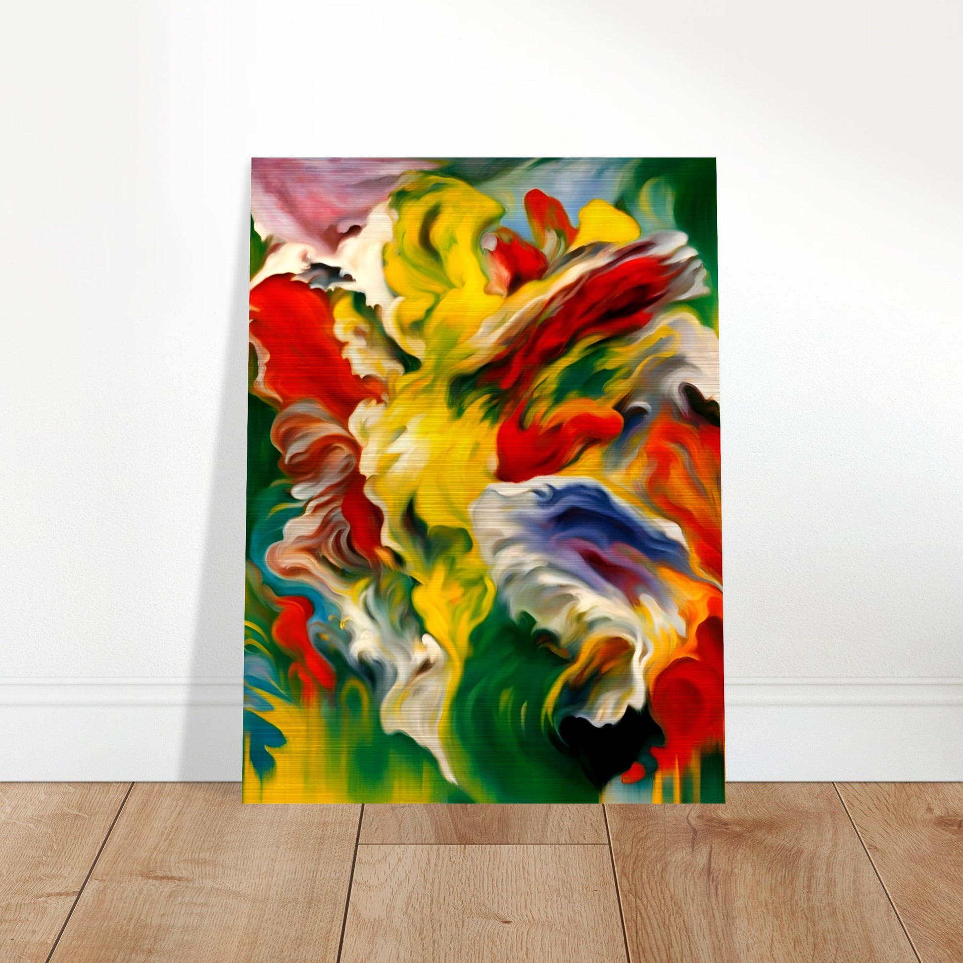 A mesmerizing painting with swirling strokes of red, yellow, green, and blue, evoking the energy of nature’s raw and vibrant essence.