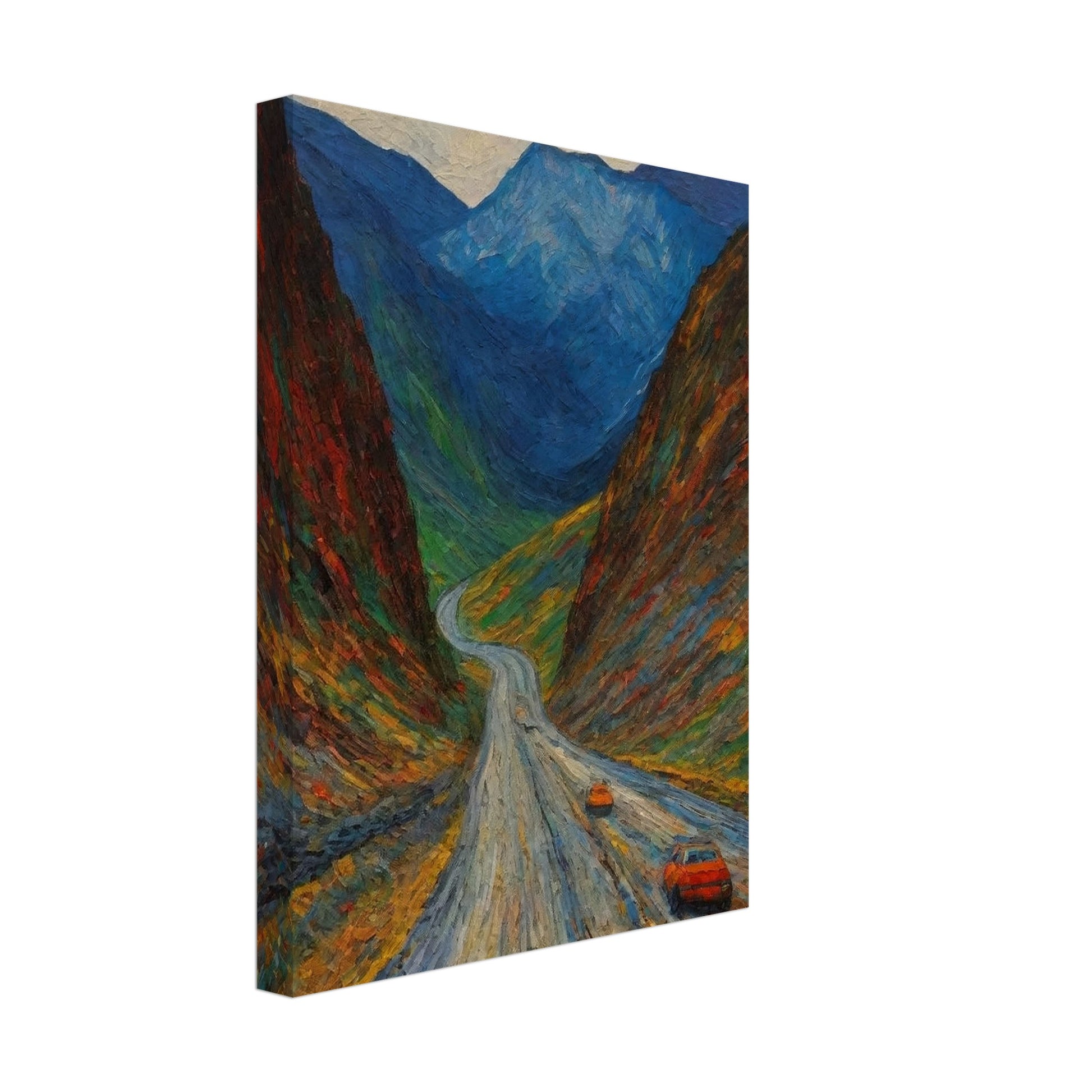 A vivid painting depicting a winding road through a colorful, mountainous landscape with two orange cars traveling along it.