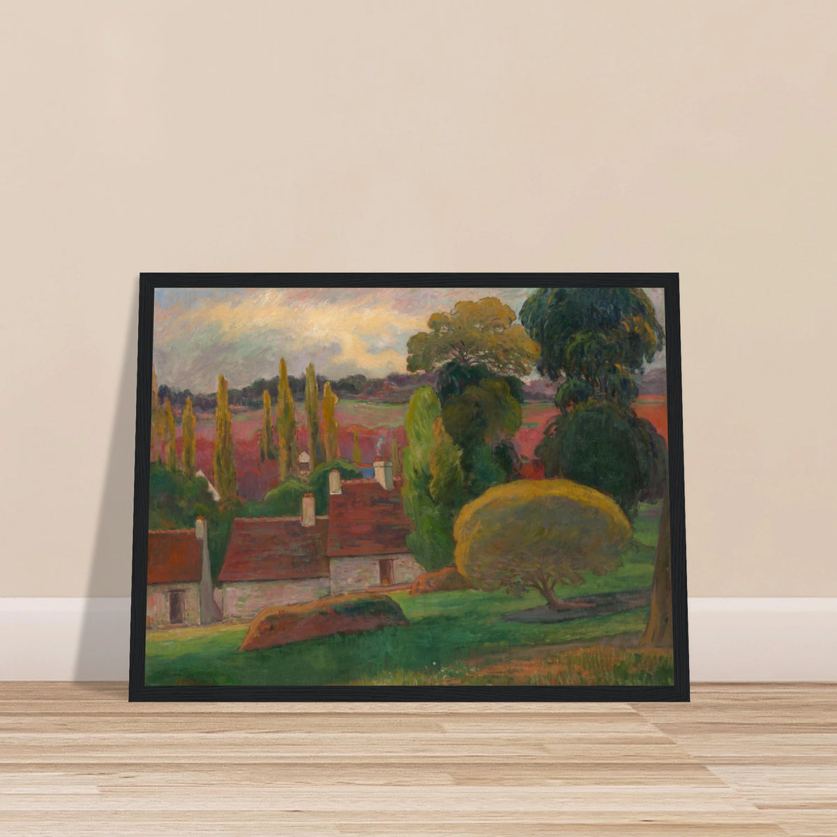 A Breton village with red-roofed houses and tall trees sits beneath a soft pastel sky.