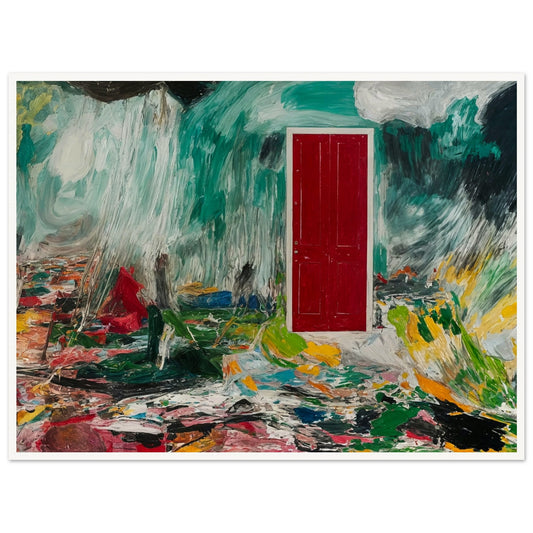 An abstract painting featuring a vibrant red door set against a chaotic background of swirling colors and textures.